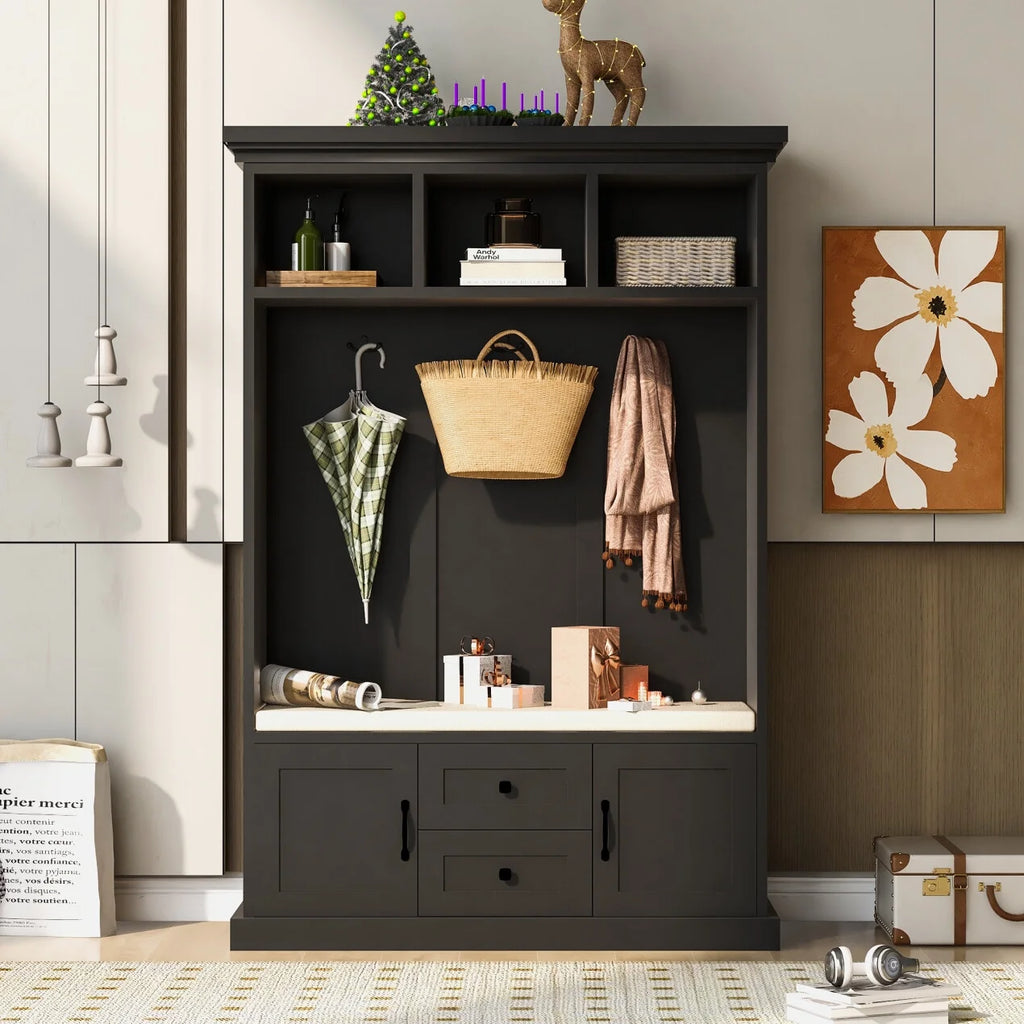 Triple Tree 3-in-1 Modern Wooden Tiger Entryway Bench Storage Cabinet Hall Tree