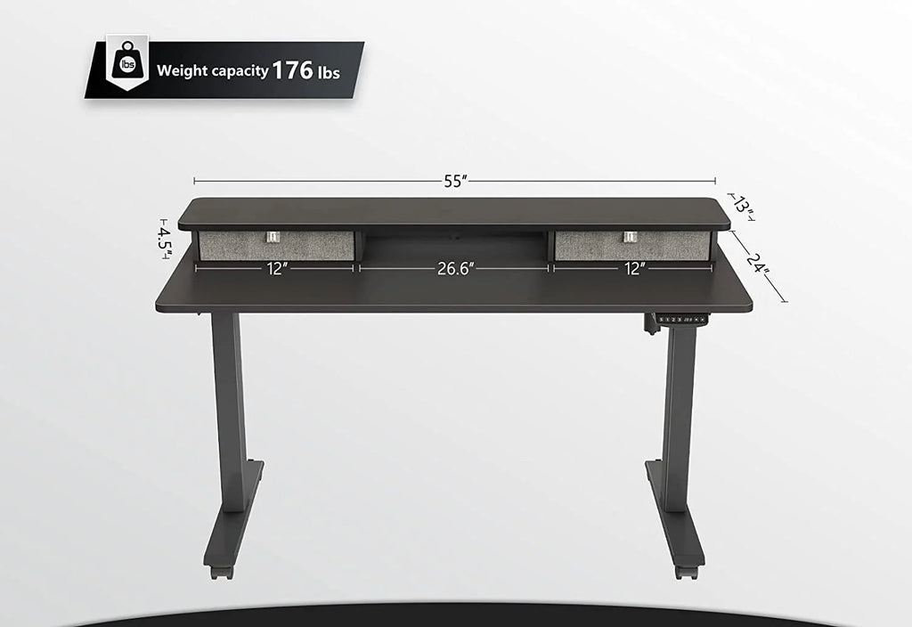 Fezibo Height Adjustable Electric Standing Desk with Drawers and Storage Shelf, Sit Stand Desk with Splice Board, Black Finish, 55"