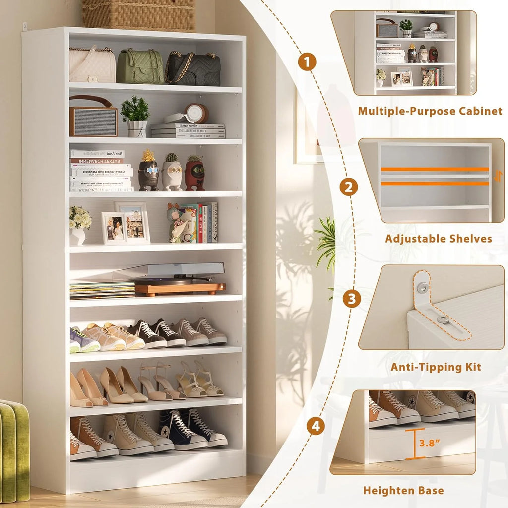 Homieasy Tall Shoe Cabinet, 9-Tier Wood Shoe Storage Organizer, Freestanding Shoe Storage Cabinet with Large Capacity, Vertical Space Saving Shoe Rack, White