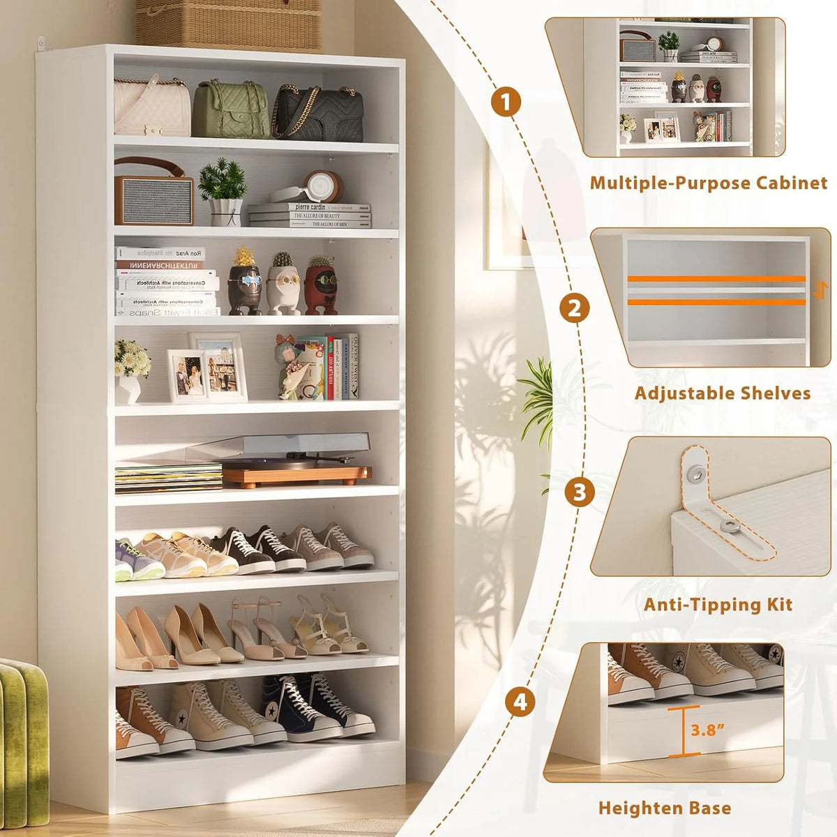 Homieasy Tall Shoe Cabinet, 9-Tier Wood Shoe Storage Organizer, Freestanding Shoe Storage Cabinet with Large Capacity, Vertical Space Saving Shoe Rack, White