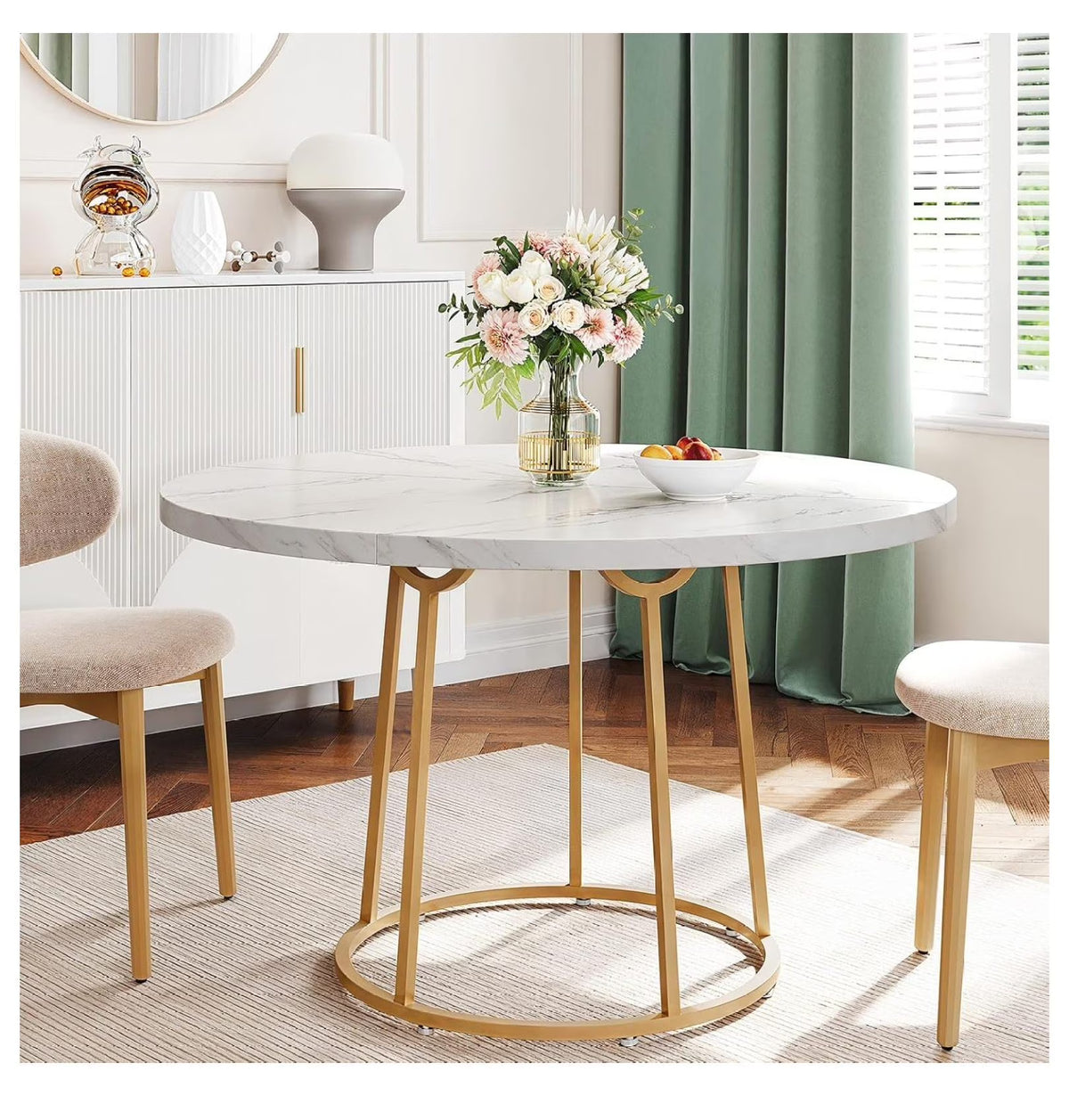 Round Dining Table, 47.24 Inch Kitchen Table for 4-6 People, Wooden Faux Marble Dinner Room Table with Base, Circle Modern Small Table for Home Dining Room Kitchen Restaurant (White) White and Gold