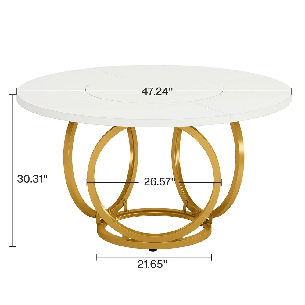 GVN Dining Table, Kitchen Table,Round Dining Table for 4, Modern 47" Kitchen Table with Metal Base,White & Gold