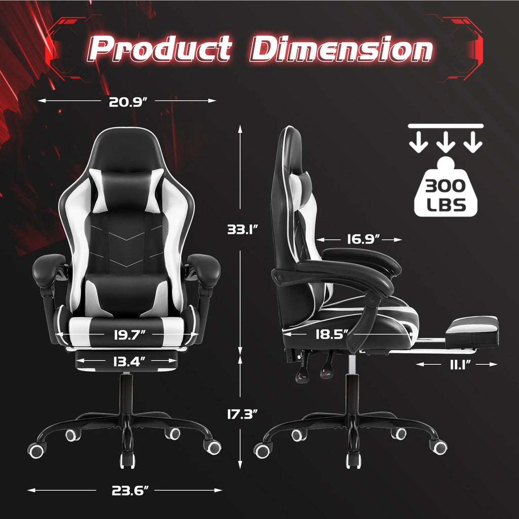 Lacoo PU Leather Gaming Chair Massage Ergonomic Gamer Chair Height Adjustable Computer Chair with Footrest & Lumbar Support, White
