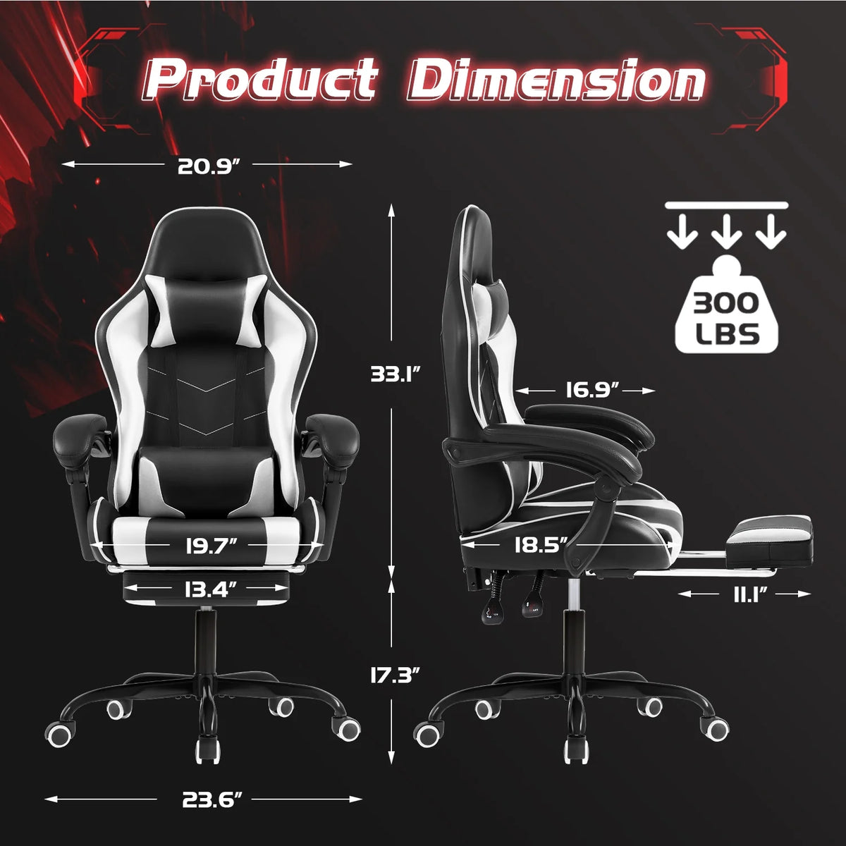 Lacoo PU Leather Gaming Chair Massage Ergonomic Gamer Chair Height Adjustable Computer Chair with Footrest & Lumbar Support, White