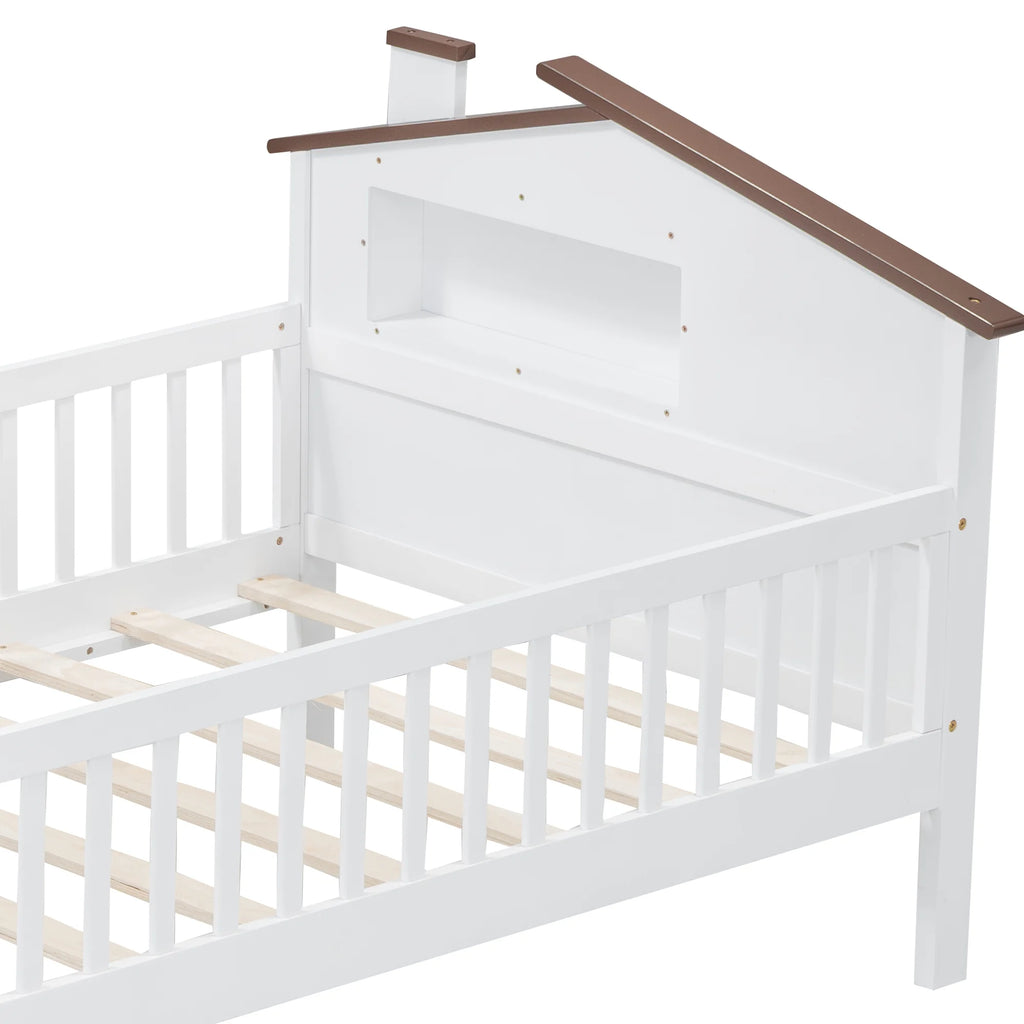 Euroco Wood Twin Size Platform Bed, House Bed with LED Light and Storage, White