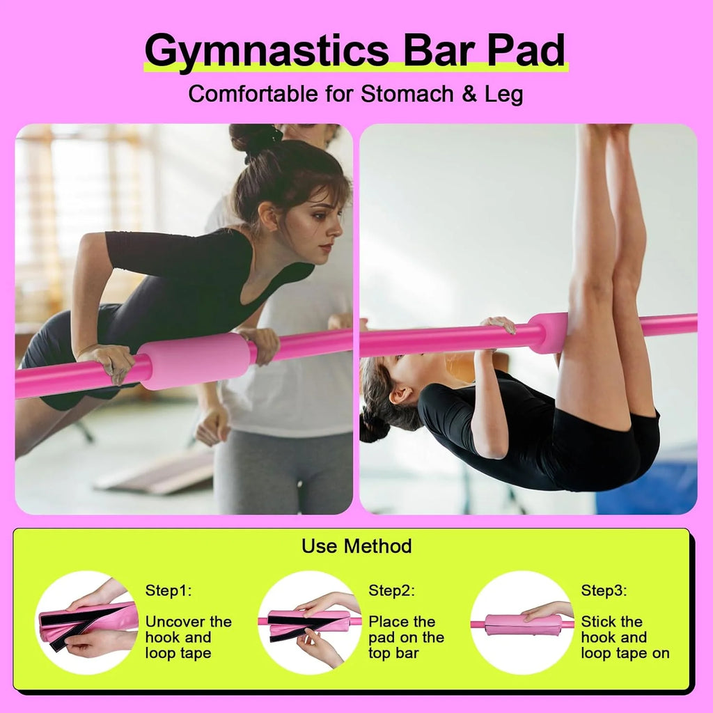 Safly Fun Gymnastics Bar with Mat for Kids, Height Adjustable Junior Training Bar Mat for Home, Folding Gymnastic Horizontal Bars Equipment (Pink+Mat)