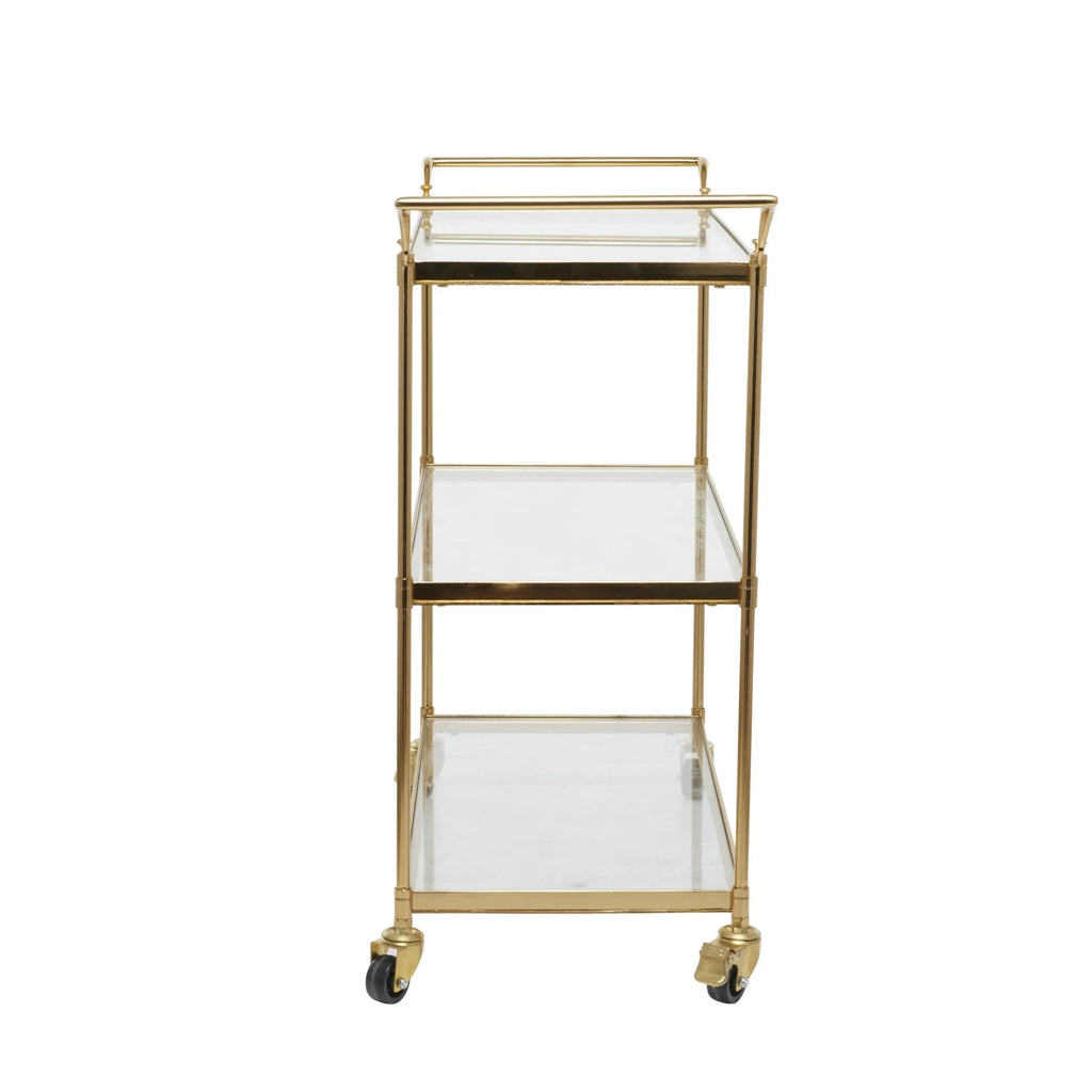 DecMode Traditional 3 Tier Gold Metal Bar Cart with Transparent Glass Shelves, 38"W x 31"H