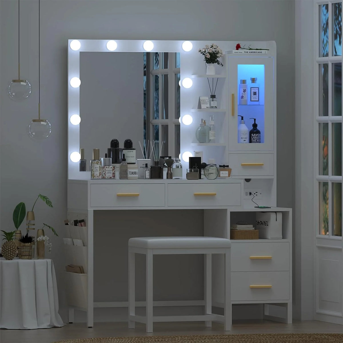 Makeup Vanity Desk with Mirror and Lights, White Vanity Desk with Charging Station, LED Cabinet, 5 Drawers & Storage Bag, Vanity Mirror with Lights Desk and Chair, Vanity Table Set with Stool