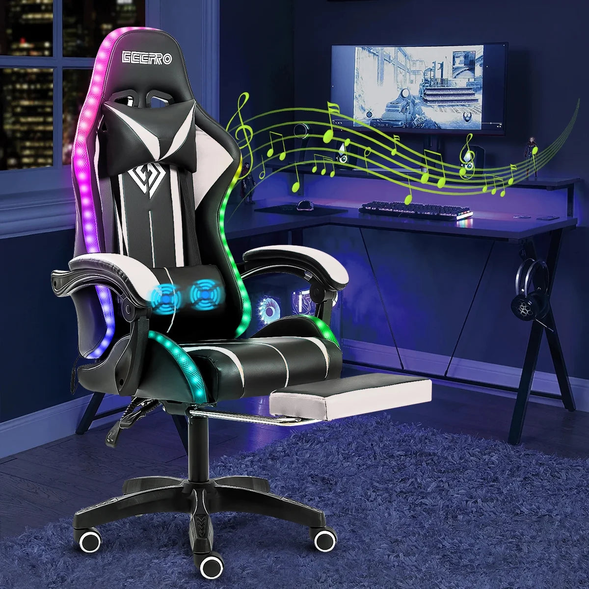 Hoffree Gaming Chair with Bluetooth Speakers and Footrest Massage Office Chair with LED Lights Ergonomic Game Chair High Back with Lumbar Support and Headrest Adjustable Swivel for Adults 300lb