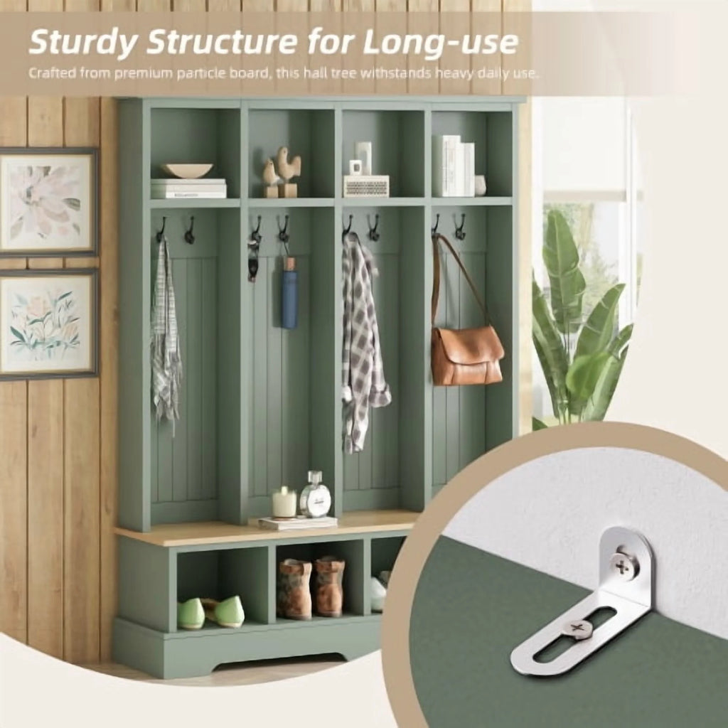 Farmhouse Hall Tree with Bench, 59" Wide Entryway Organizer with 8 Hooks & Storage Compartments, Modern Coat Rack & Shoe Bench for Mudroom,White