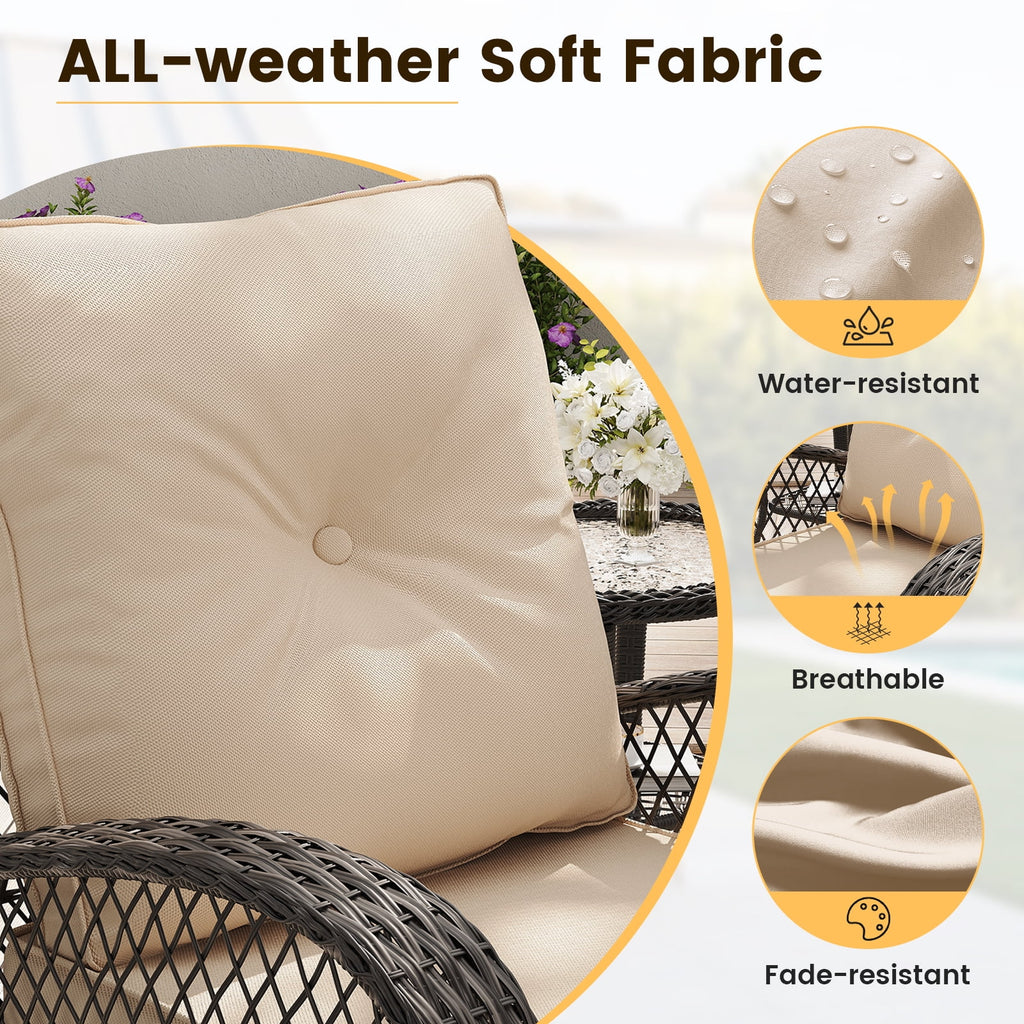 ELPOSUN 3 Pieces Patio Furniture Set, Outdoor Swivel Gliders Rocker, Wicker Patio Bistro Set with Rattan Rocking Chair, Glass Top Side Table and Thickened Cushions for Porch Deck Backyard