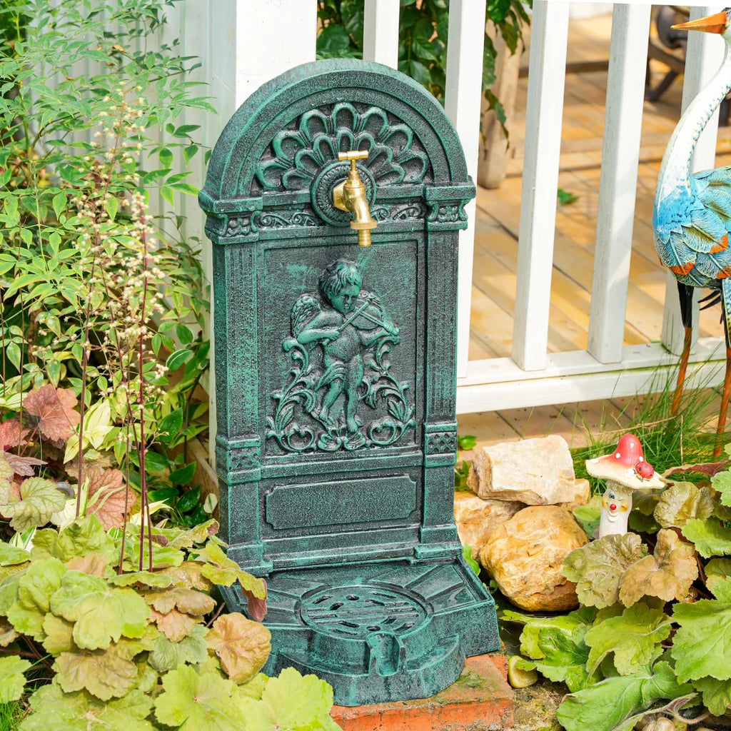 Sungmor Cast Iron Outdoor Water Column with Faucet, Freestanding Floor Farm Yard Decor, Green, 1 Count