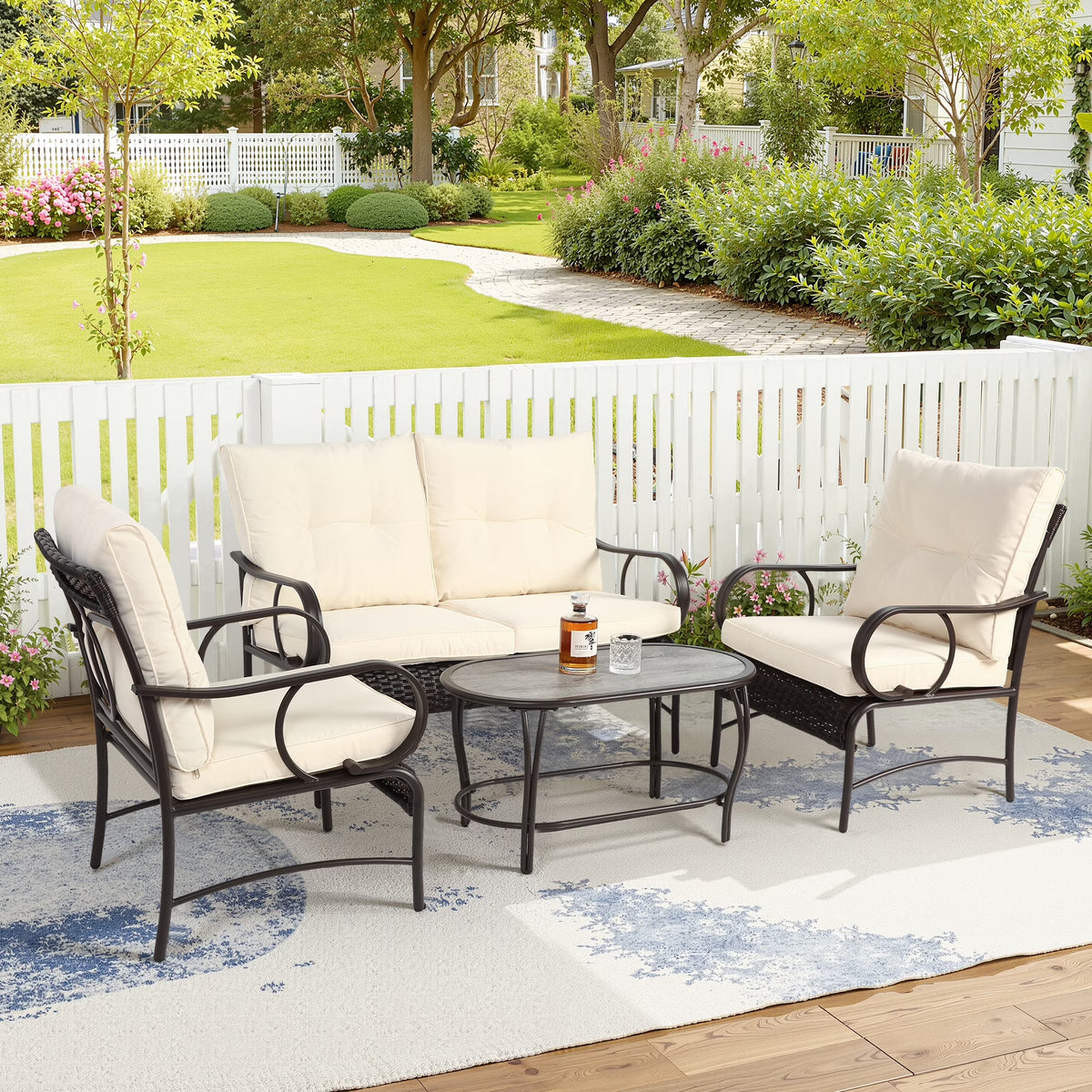 Patio Sofa Set, 4 Pieces Outdoor Sectional Furniture, All-Weather PE Rattan Wicker Patio Conversation Set, Cushioned Sofa Set with Coffee Table for Patio Garden Poolside Deck