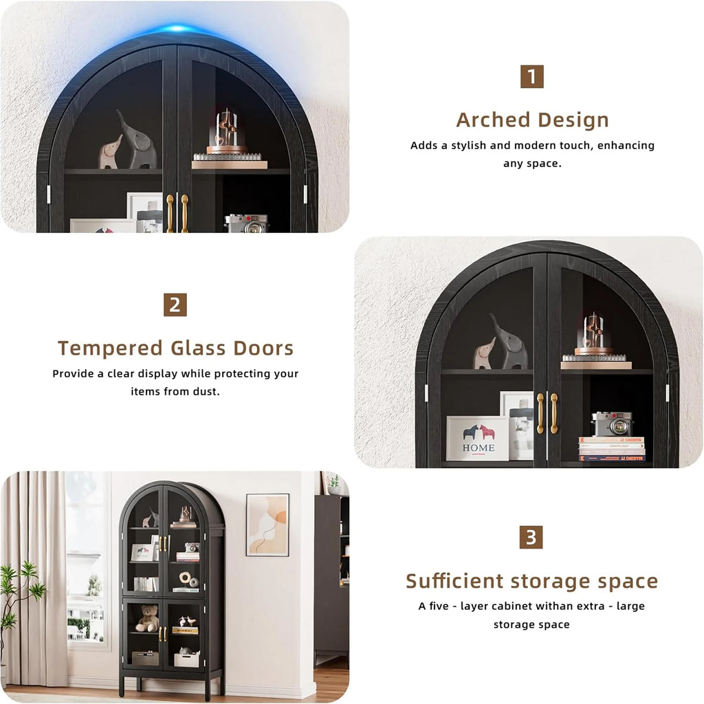 Tall Arched Storage Display Cabinet 5-Shelf with Acrylic Glass Doors, Kitchen Pantry Storage Cabinet Accent Cabinet Bookcase for Living Dining Room