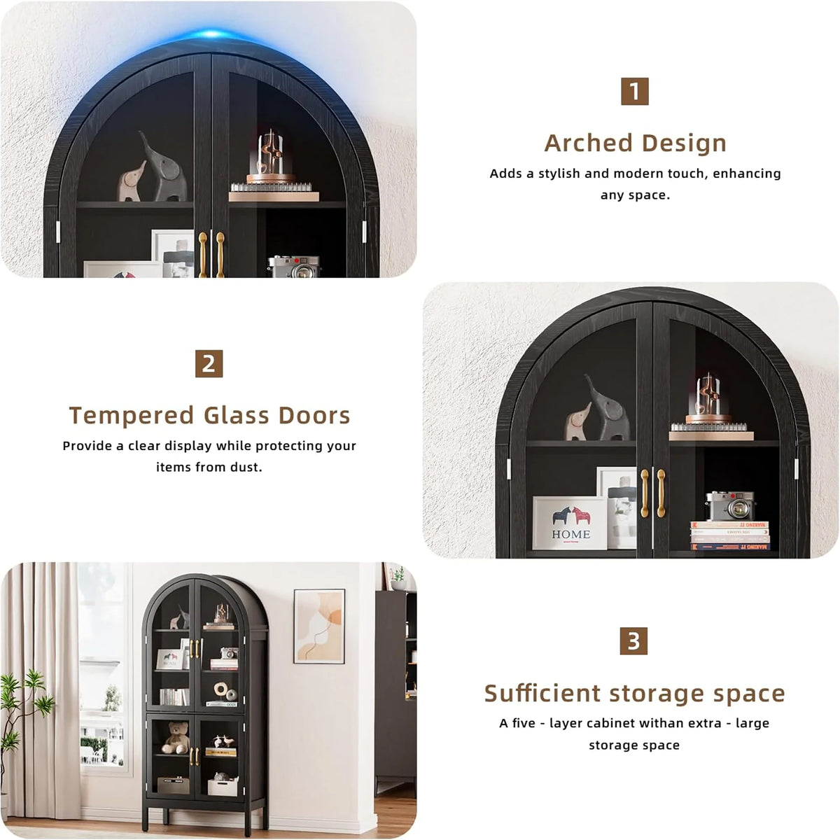 Tall Arched Storage Display Cabinet 5-Shelf with Acrylic Glass Doors, Kitchen Pantry Storage Cabinet Accent Cabinet Bookcase for Living Dining Room