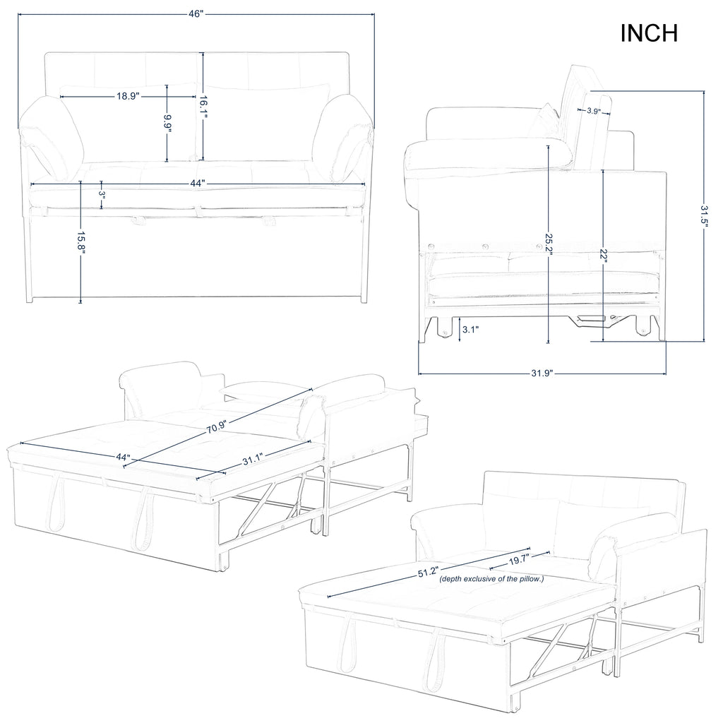 Gewnee 46" Velvet Sleeper Sofa Reclining Convertible Futon Couch Bed for Living Room, Guest & Small Spaces(Black)