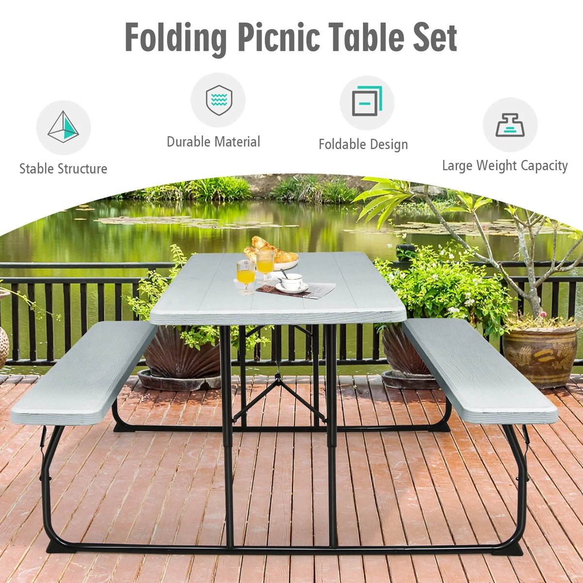 Gymax Folding Picnic Table & Bench Set for Camping BBQ w/ Steel Frame Grey