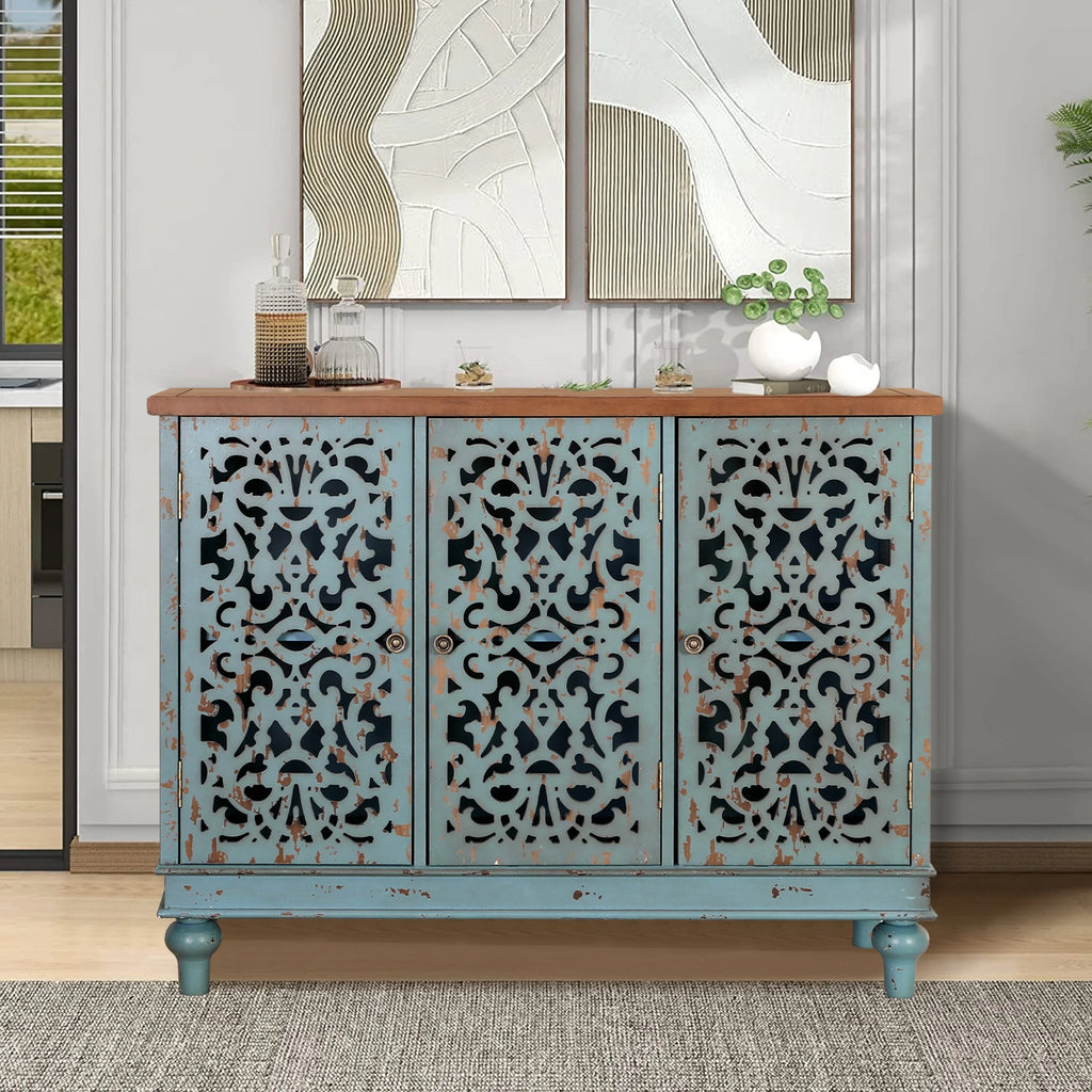 Sophia & William Hollow-Carved Credenzas and Sideboards, Wood Blue, 2 Shelves
