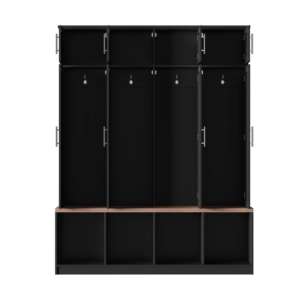 Euroco Entryway Hall Tree with Bench, Shoe Storage, Coat Hooks & Cabinets �C Walnut Finish, Anti-Tip Design, Modern Mudroom Organizer