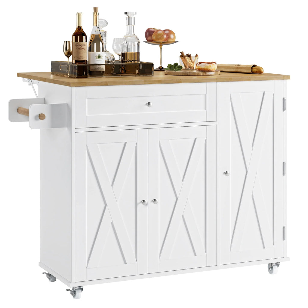 Homfa Kitchen Island with Storage, 27.6" W Wood Kitchen Island Cart with Drop Leaf, White Rolling Cart with Lockable Wheels