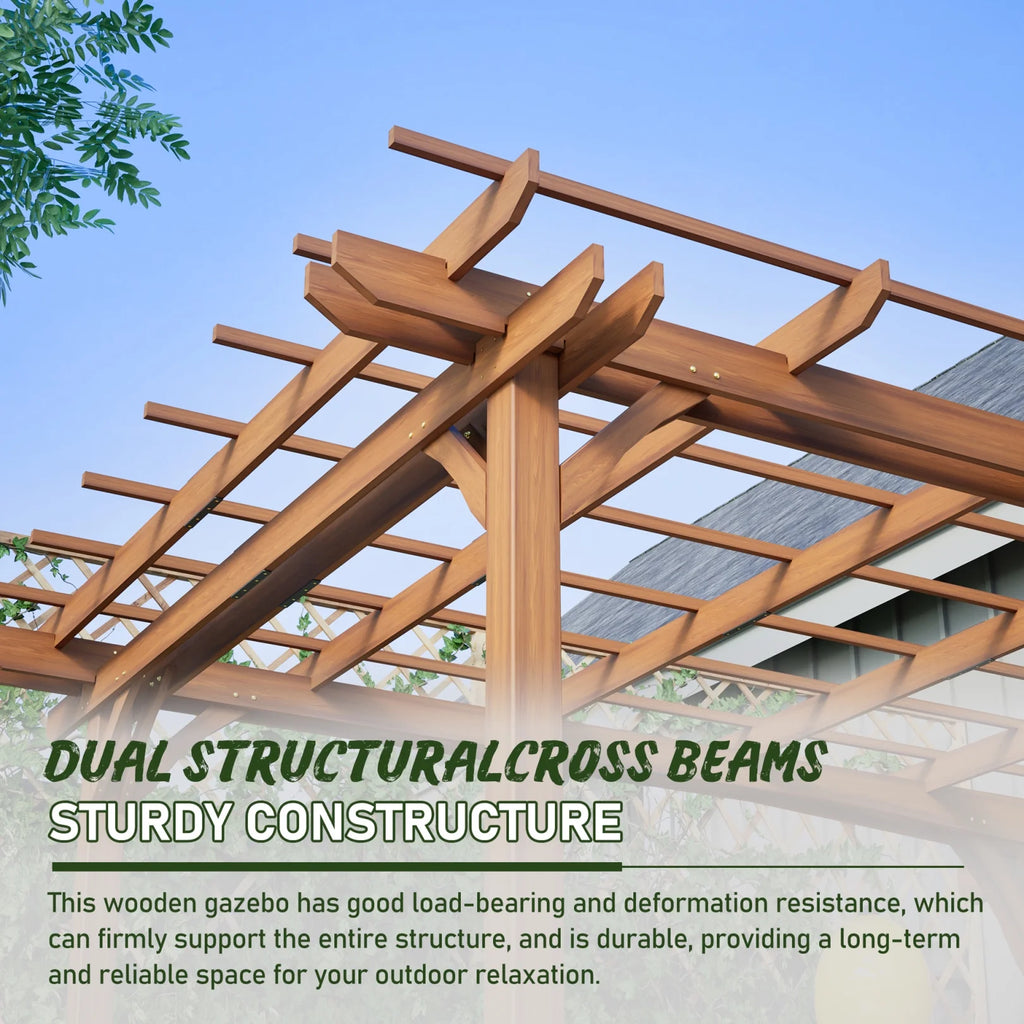 12 x 10 FT Outdoor Pergola, Wooden Pergola Gazebo with Climbing Plant Support and Waterproof, for Patio Porch Garden Backyard, Brown