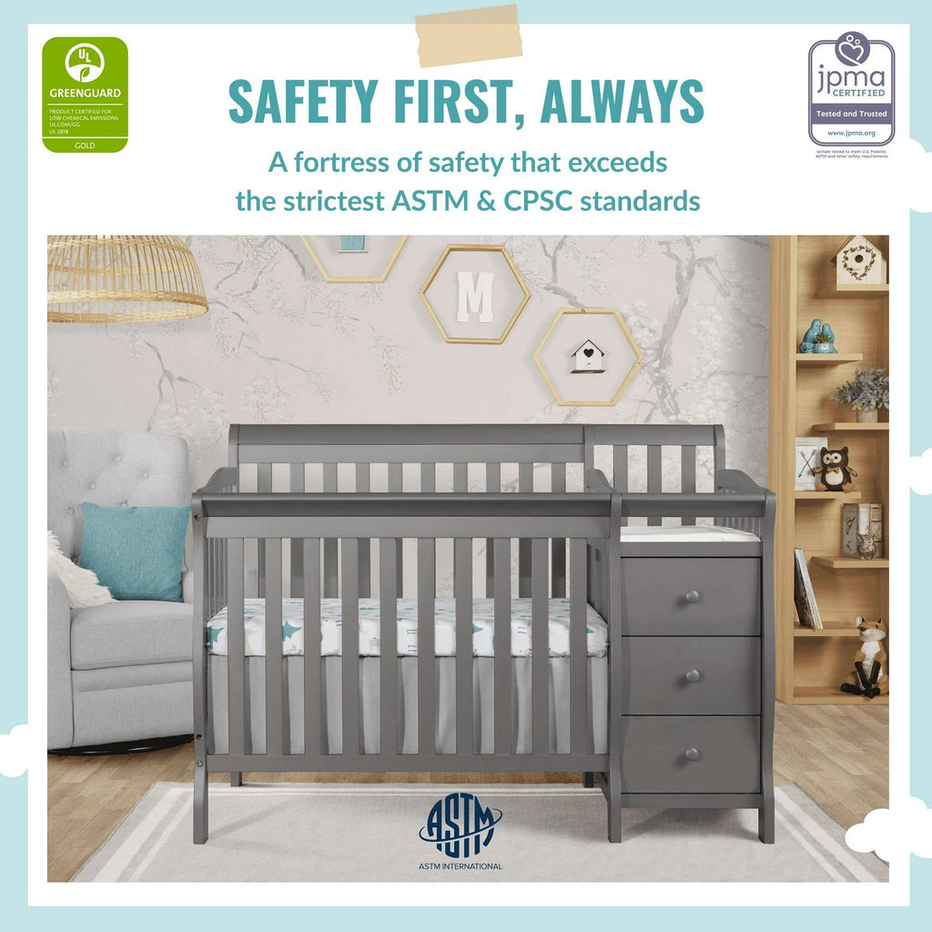 Dream On Me Jayden 4-in-1 Convertible Mini Crib and Changer. Storm Grey