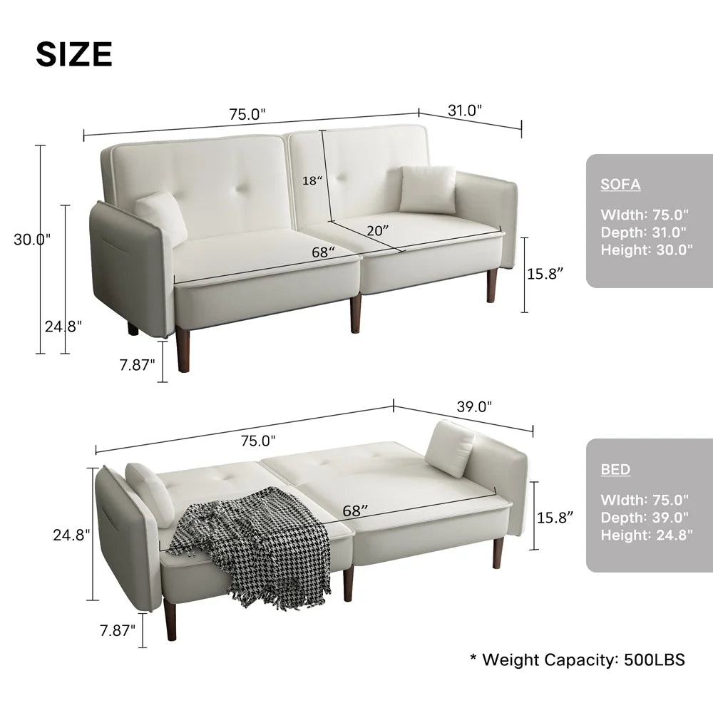 Convertible Futon Sofa Bed, 75�� Fabric Futon Couch with Adjustable Backrest, Folding Futon Sleeper Recliner for Living Room Furniture (White)