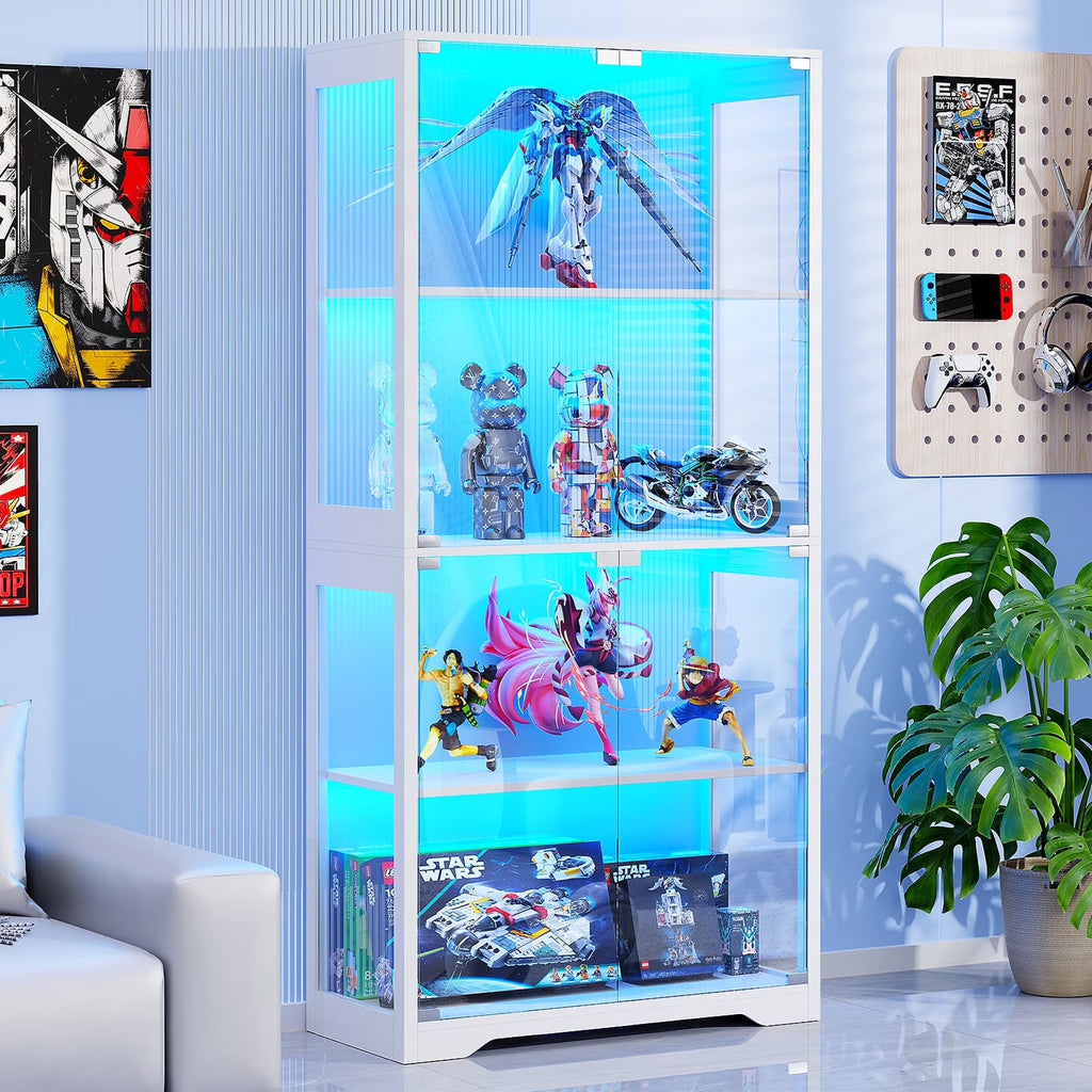 MIIFUNY Display Cabinet with Glass Doors 4 Tier Curio Cabinet & Bookshelf with LED, White