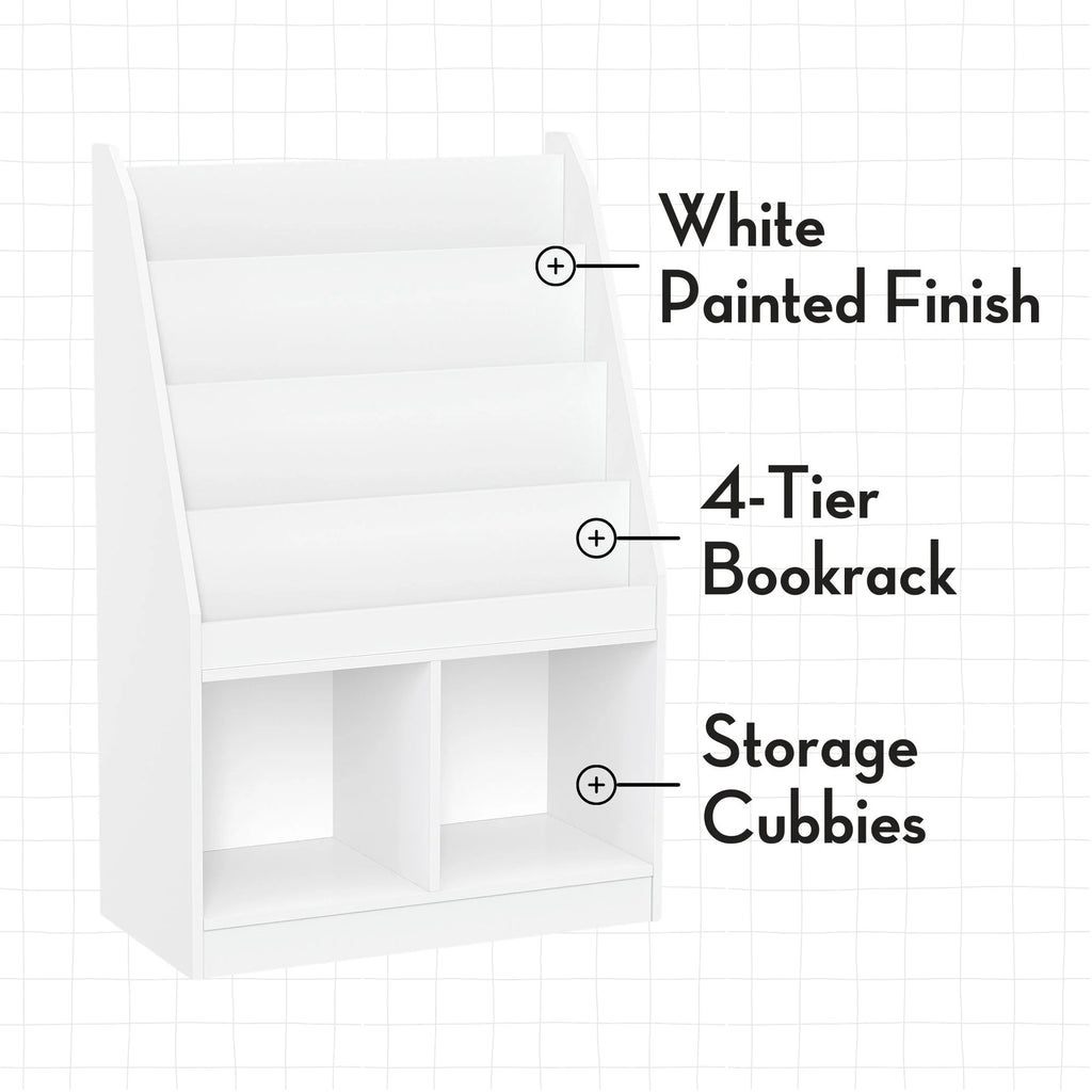 RiverRidge Kid Bookshelf Toy Storage Organizer with 4 Bookracks 2 Cubbies and 2 Gray Bins