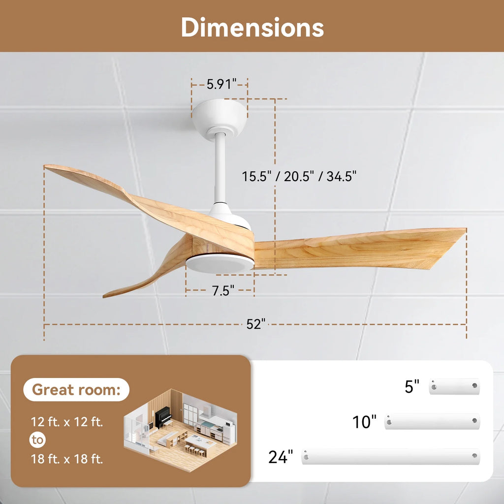 Sofucor 52" Wood Ceiling Fan No Light, 6 Wind Speeds, 3 Blades with Reverse Airflow, Black