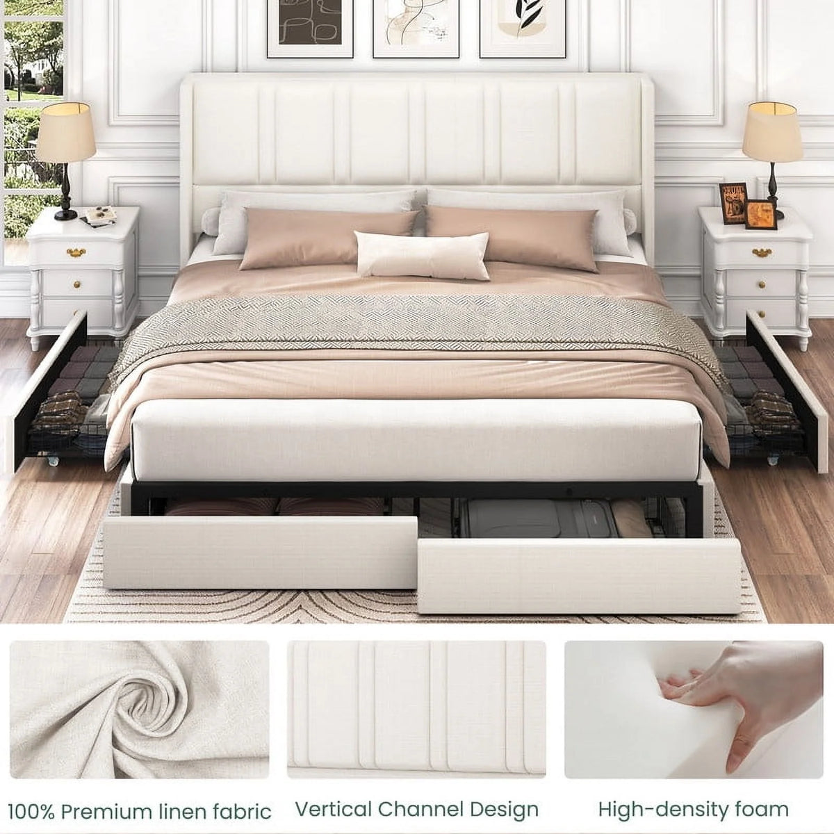 LARMACE King Size Upholstered Bed Frame with 4 Storage Drawers and Vertical Channel Tufted Headboard Linen Platform Bed Frame Wingback Beds with Wooden Slats Support, Beige