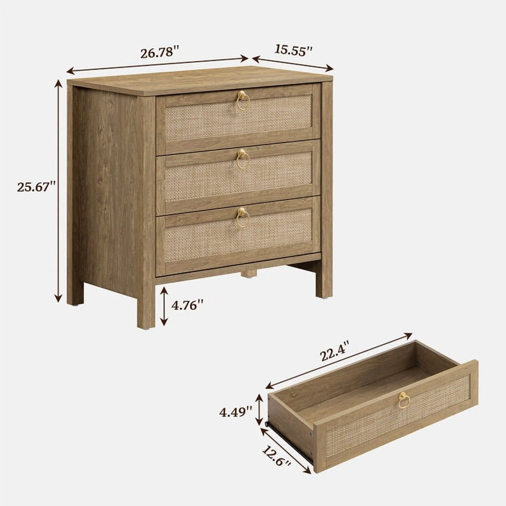 Surmoby Oak Boho 3-Drawer Nightstand Set of 2 - Extra Wide Storage Night Stand with Gold Handles Large&Tall Bed Side Table for Bedroom Living Room Enterway