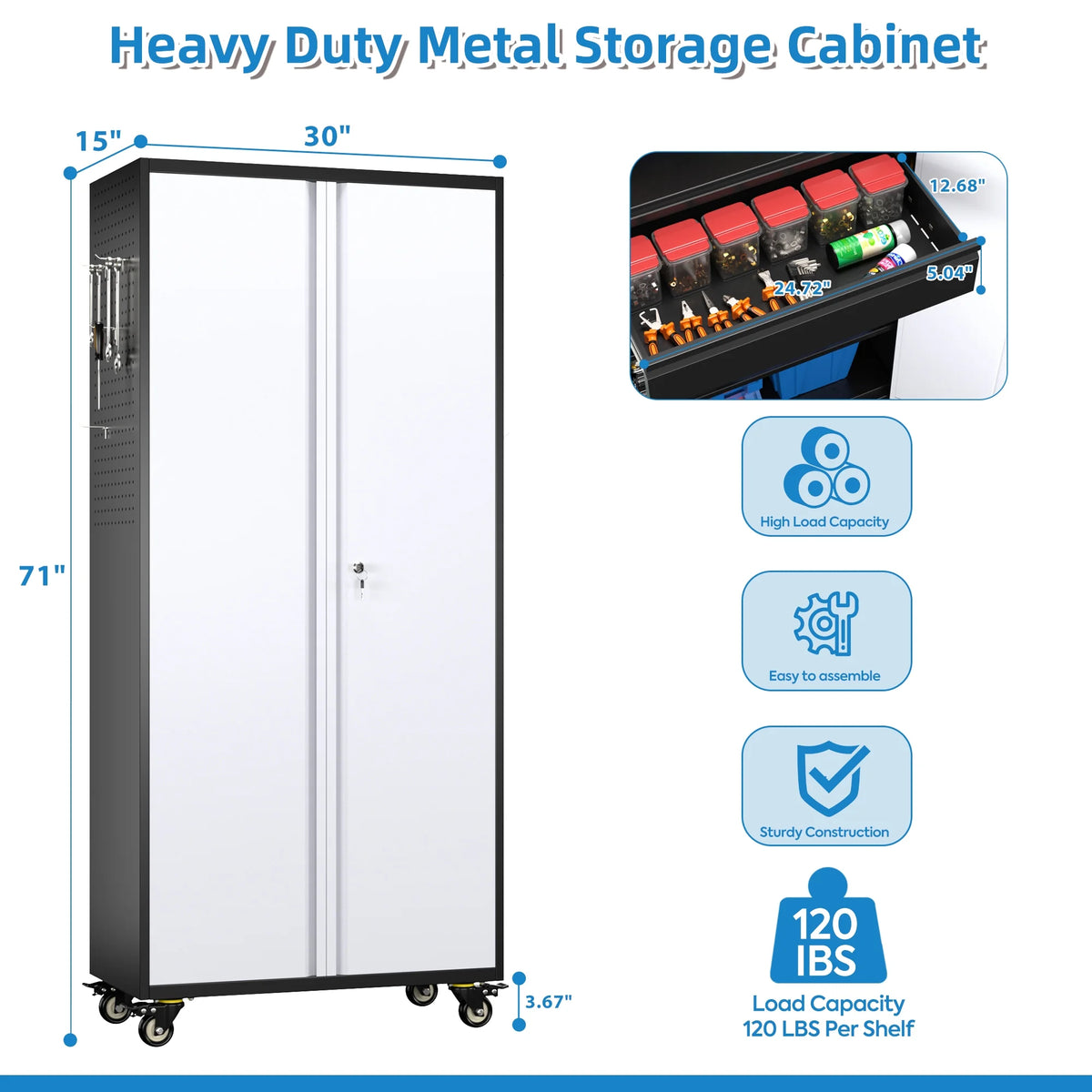 SUPEER 71" Metal Storage Cabinets with Wheels and Pegboards, Industrial Cabinet with 2 Drawers and 2 Adjustable Shelves,, Assembly Required