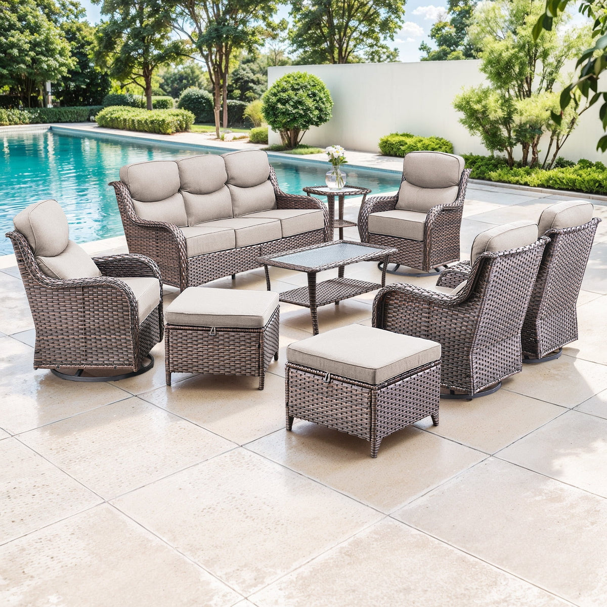 Bellefurn Luxury Outdoor Patio Furniture Set,Swivel Rocker Patio Chairs with 6-inch Thick Cushion,Patio Sofa and Glass Coffee Table,Outdoor Conversation Set for Porch, Deck, Yard