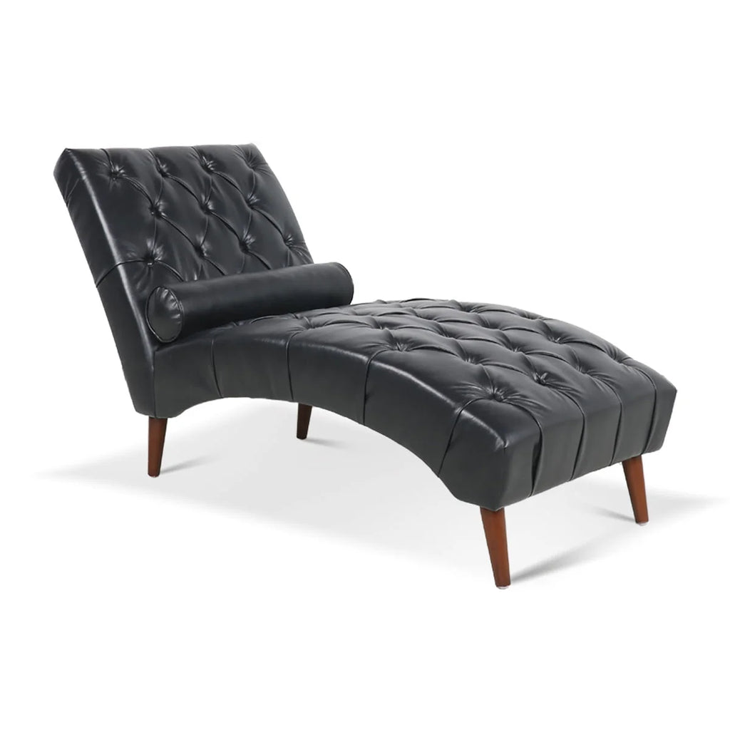Upholstered Chaise Lounge, Indoor Recliner Sleeper Chair with Lumbar Pillow, Tufted Lounge Chair with Solid Wood Legs, Single Armless Rest Sofa Chair for Living Room Bedroom Office, Black PU