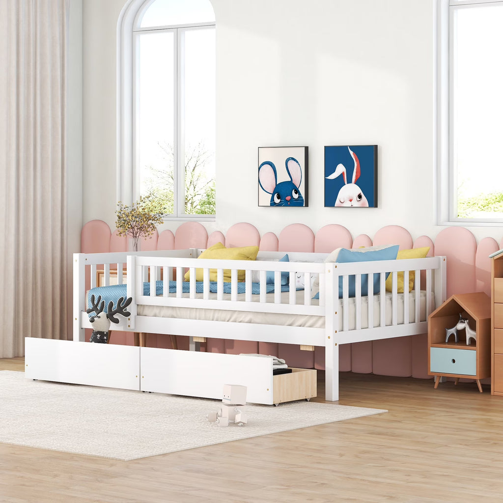 Holaki Twin Size Wood Bed with Guardrails and 2 Storage Drawers for Kids, Gray