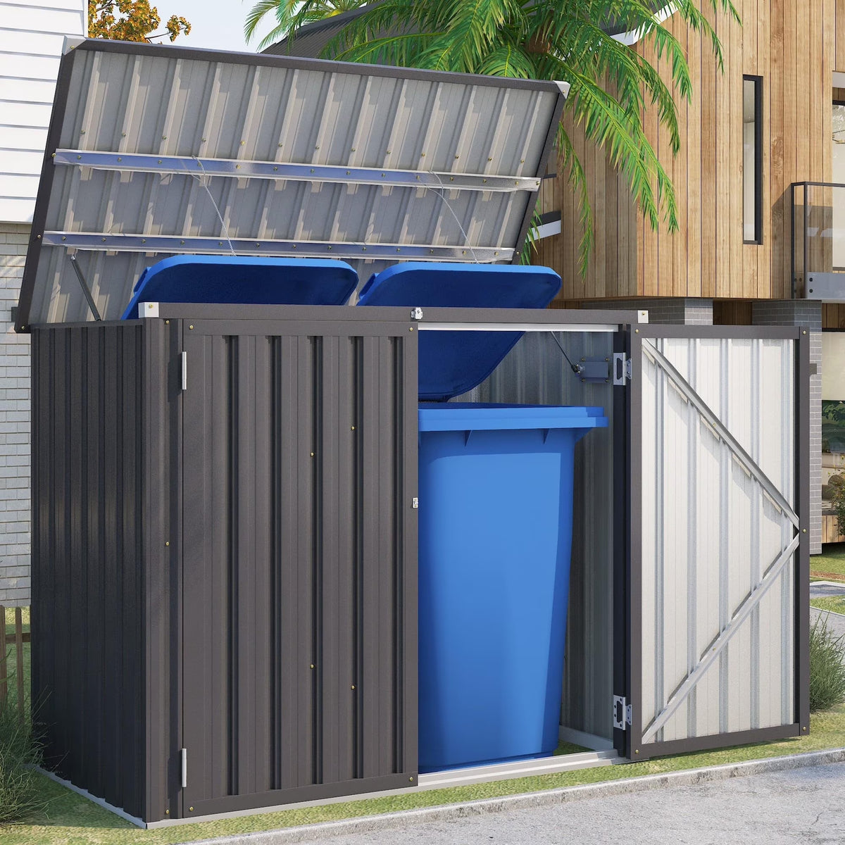 AECOJOY 46 Cu ft. Outdoor Horizontal Storage Shed Wastebasket Enclosure Container Metal Garbarge Shed in White