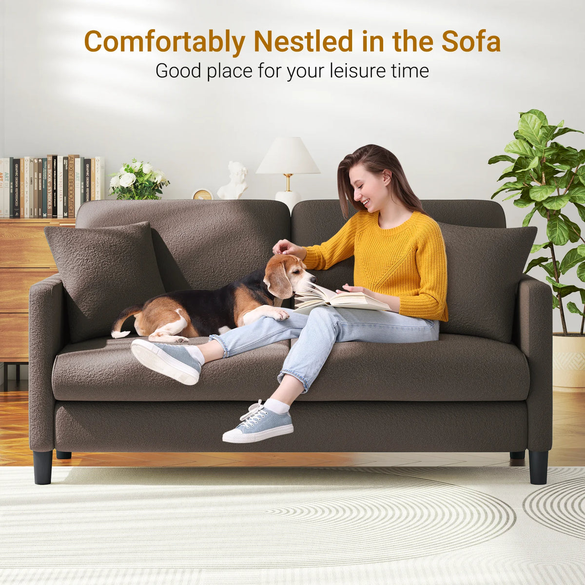 Loveseat Sofa,65" Comfy Teddy Fleece Love Seat Couch,Neche Extra Deep Seats Sofas,Tool-Free Setup Couch with 2 Pillows for Living Room,Coffee Brown