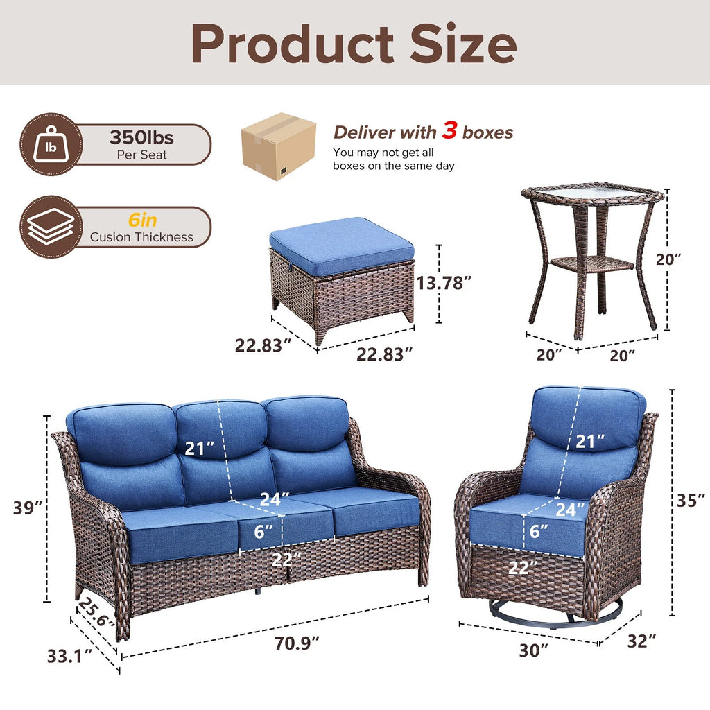 Bellefurn Luxury Outdoor Patio Furniture Set,Swivel Rocker Patio Chairs with 6-inch Thick Cushion,Patio Sofa and Glass Coffee Table,Outdoor Conversation Set for Porch, Deck, Yard