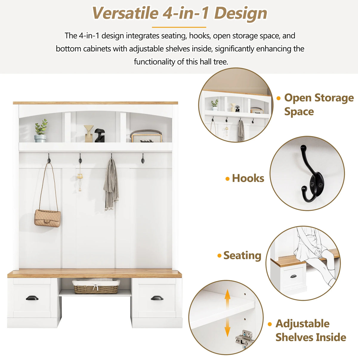 Harper & Bright Designs Farmhouse Hall Tree with Bench and Shoe Storage, Mudroom Bench with Coat Rack and Adjustable Shelves for Hallway, Living Room, White