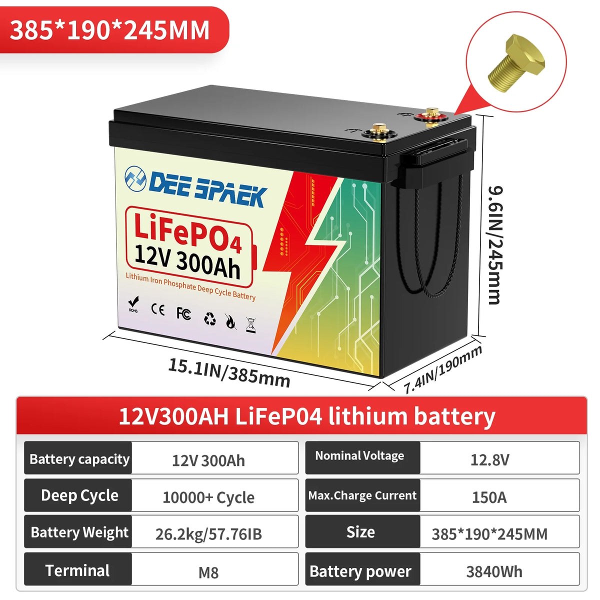 12V 300Ah LiFePO4 Battery,Lithium Batteries for RV,Solar,Backup Power,Trolling Motor,Marine,Camper,Built in 200A BMS,15000+ Deep Cycles