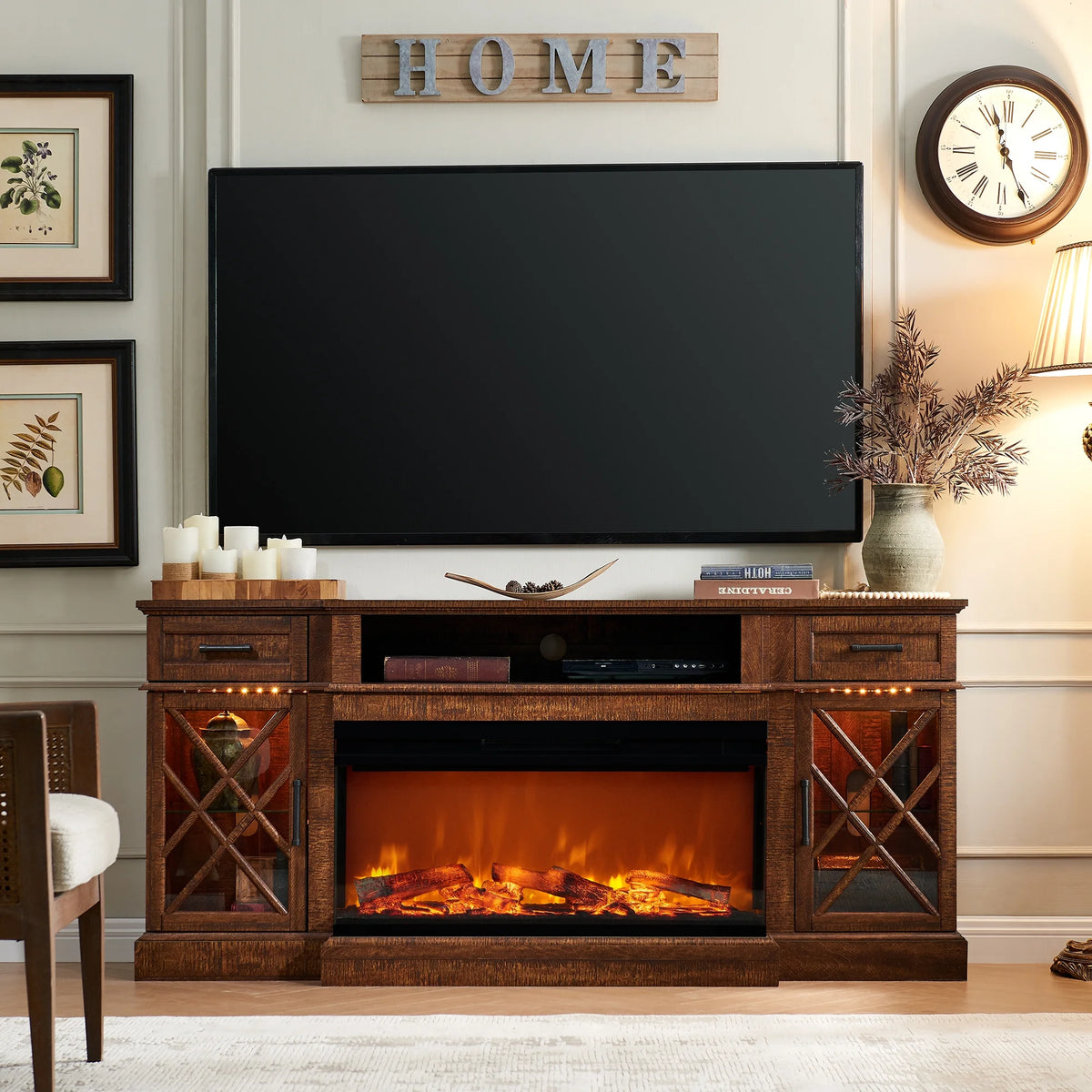 OKD Farmhouse 3-Sided Fireplace TV Stand for 80" TVs, 70" Entertainment Center with Electric Fireplace and Storage Drawers, Antique White