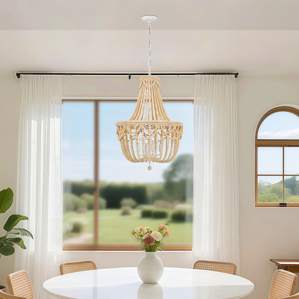 Boho Wood Bead Chandelier 4-Light Rustic Farmhouse Pendant Light for Dining Room or Kitchen Island