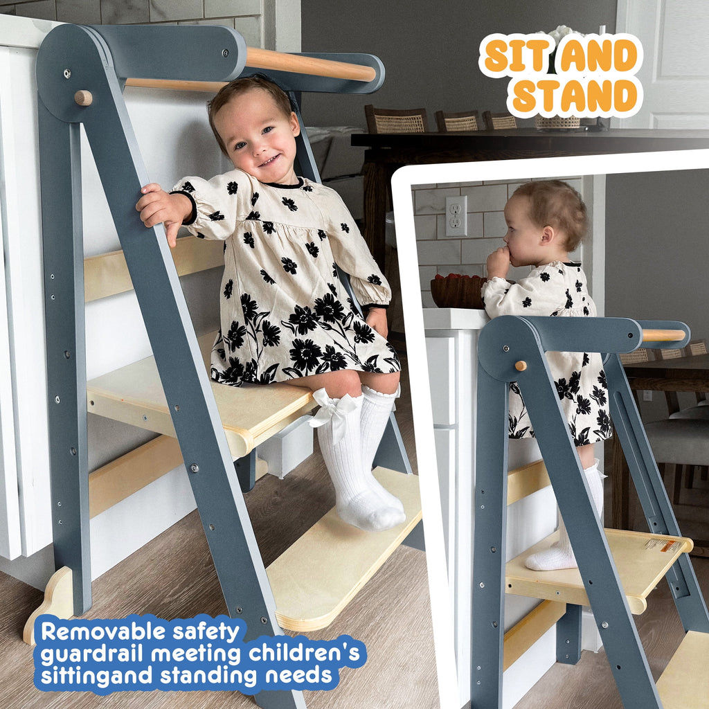 HARPPA Foldable Toddler Kitchen Tower, Standing Tower for Kids Age 1.5-6 Years, White