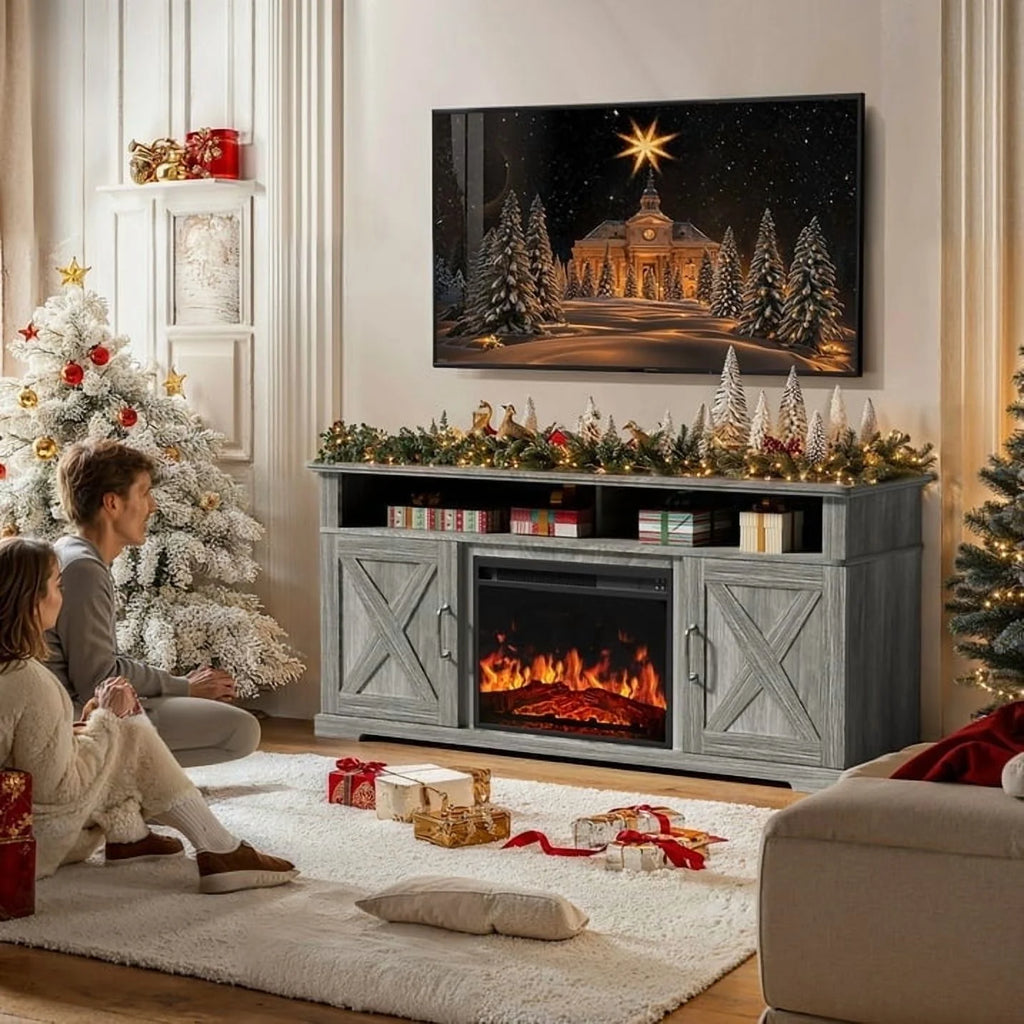 Electric Fireplace TV Stand for TVs up to 75", Farmhouse Entertainment Center with Fireplace, Grey