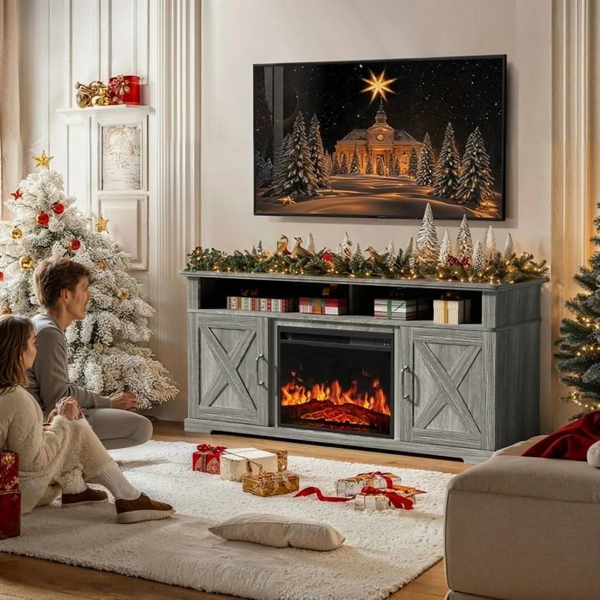 Electric Fireplace TV Stand for TVs up to 75", Farmhouse Entertainment Center with Fireplace, Grey