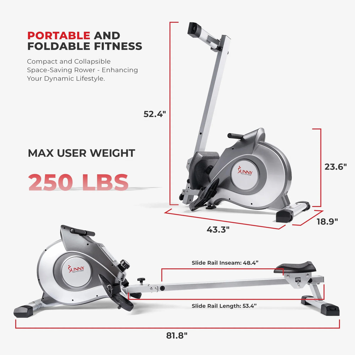 Sunny Health & Fitness 53.4" Extended Slide Rail Magnetic Rowing Machine Rower with Free SunnyFit App Membership - SF-RW5515