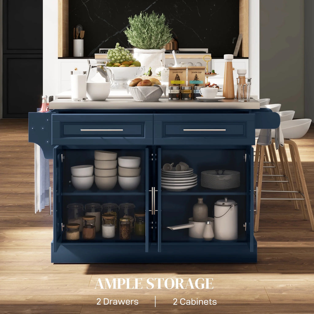HOMCOM Multi-functional Rolling Kitchen Island Cart with Cabinets and Drawers, Portable Kitchen Storage Cabinet with Spice Rack, Towel Rack, Knife Rack, Steel Top