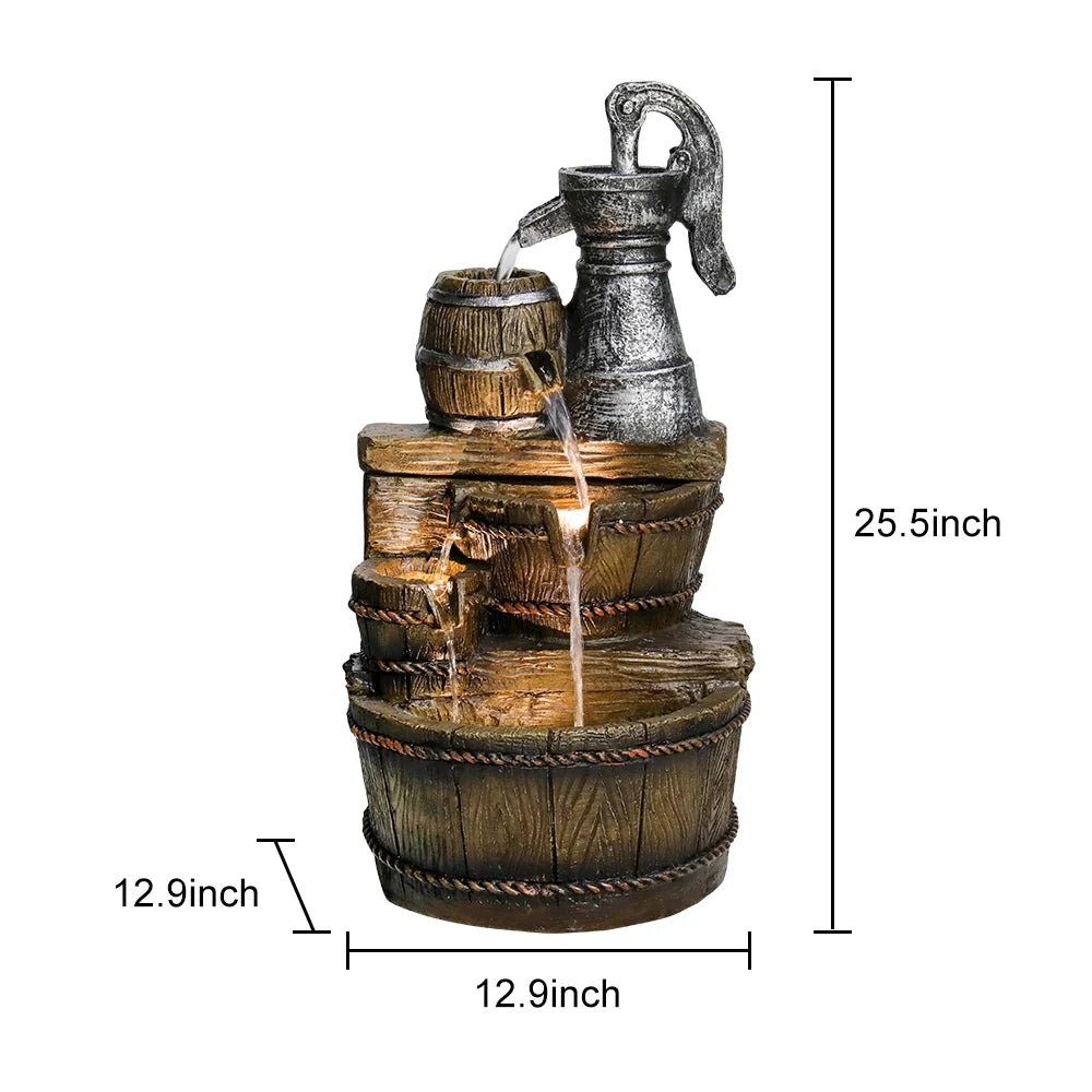 Outdoor Floor Rustic 5-Tiered Barrel and Pump Water Fountain for Garden and Patio Decor
