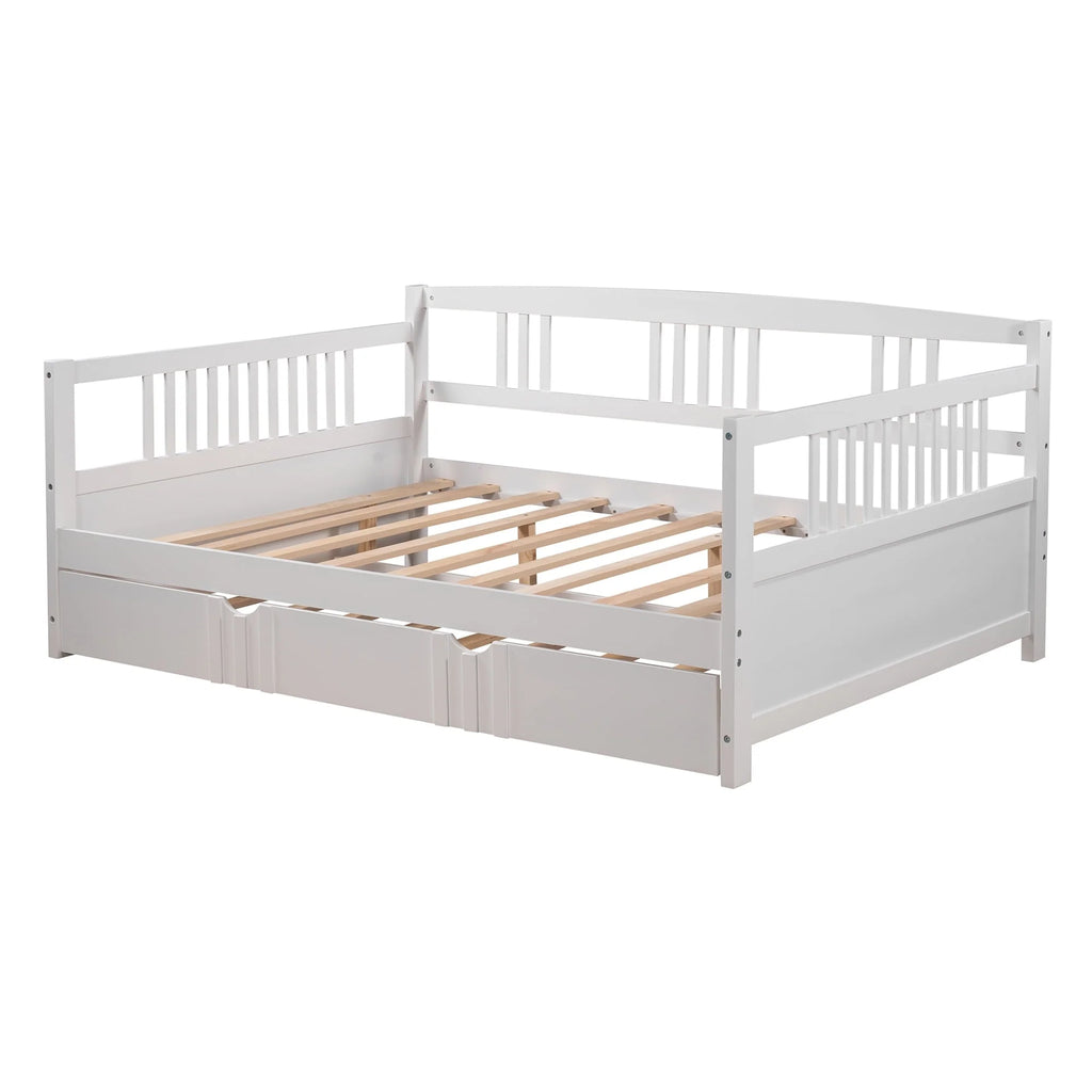 Daybed with Trundle Included, Full Size Daybed Bed Frame with Headboard and Footboard, Living Room Sofa Bed with Pull Out Bed, Wood Single Bed for Kids Boys Girls, No Box Spring Needed, White, J948